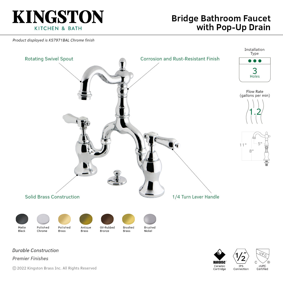 Kingston Heirloom KS7971BAL - Heirloom Two-Handle 3-Hole Deck Mount Bridge Bathroom Faucet with Brass Pop-Up, Polished Chrome — thumbnail 3